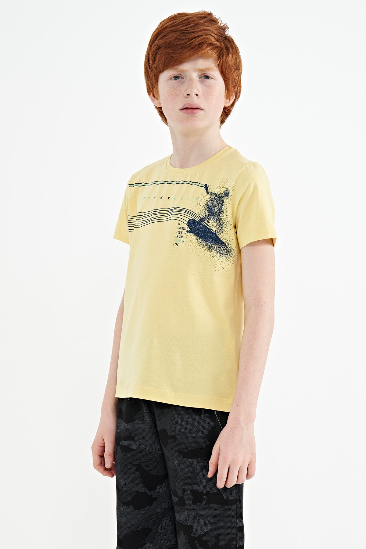 Yellow Print Detailed Standard Mold O Collar Boys T-Shirt - 11133