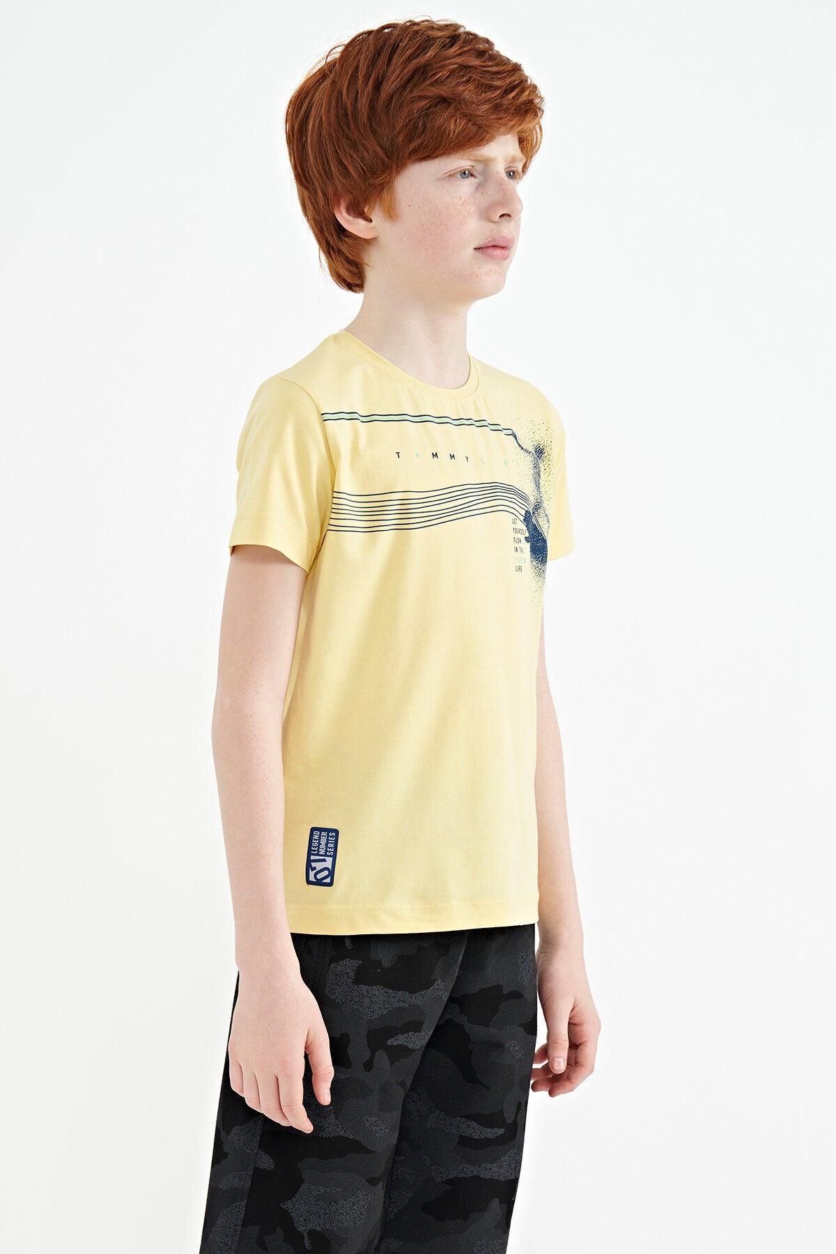 Yellow Print Detailed Standard Mold O Collar Boys T-Shirt - 11133