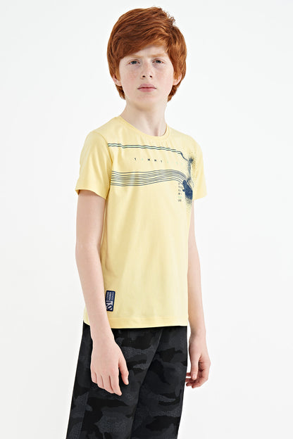 Yellow Print Detailed Standard Mold O Collar Boys T-Shirt - 11133