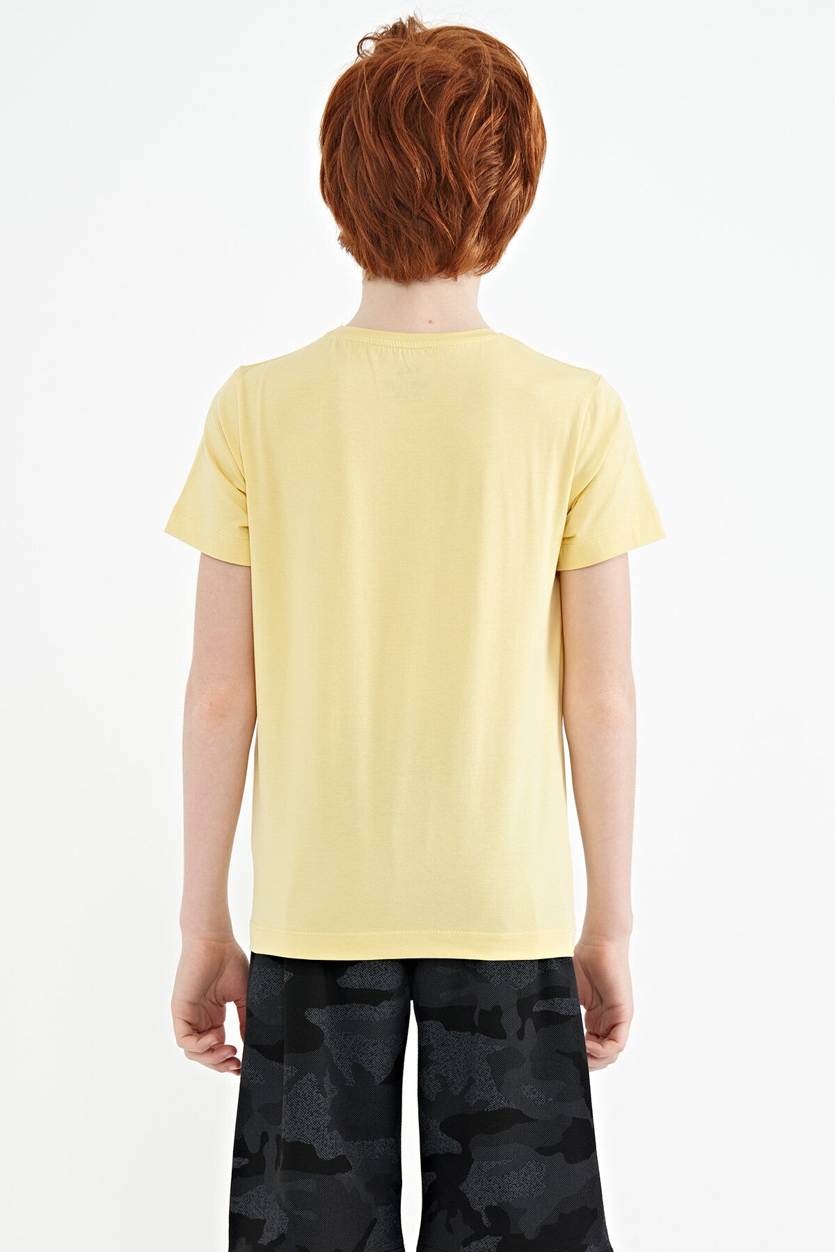 Yellow Print Detailed Standard Mold O Collar Boys T-Shirt - 11133