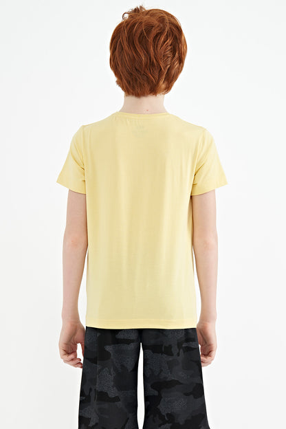 Yellow Print Detailed Standard Mold O Collar Boys T-Shirt - 11133