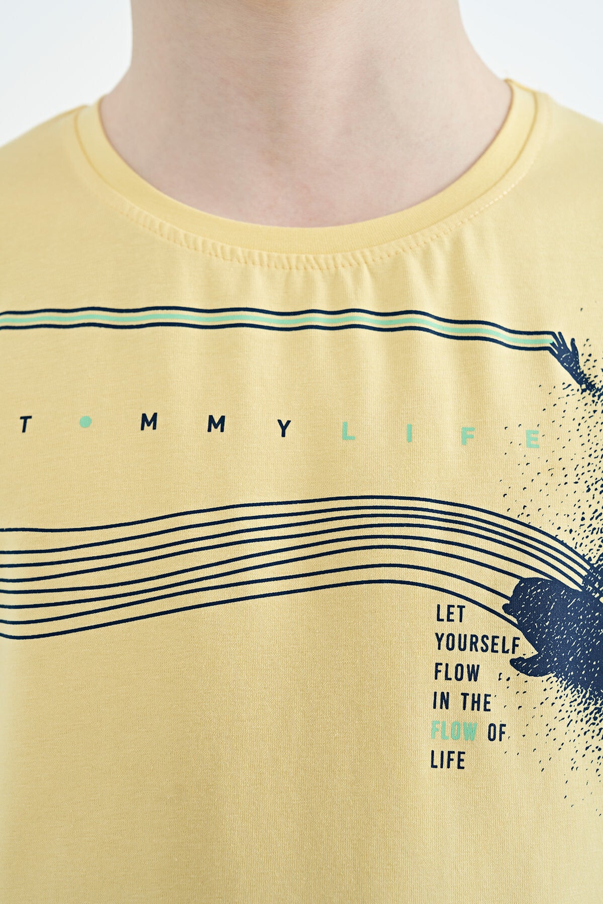 Yellow Print Detailed Standard Mold O Collar Boys T-Shirt - 11133