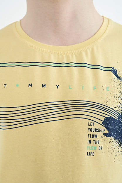 Yellow Print Detailed Standard Mold O Collar Boys T-Shirt - 11133