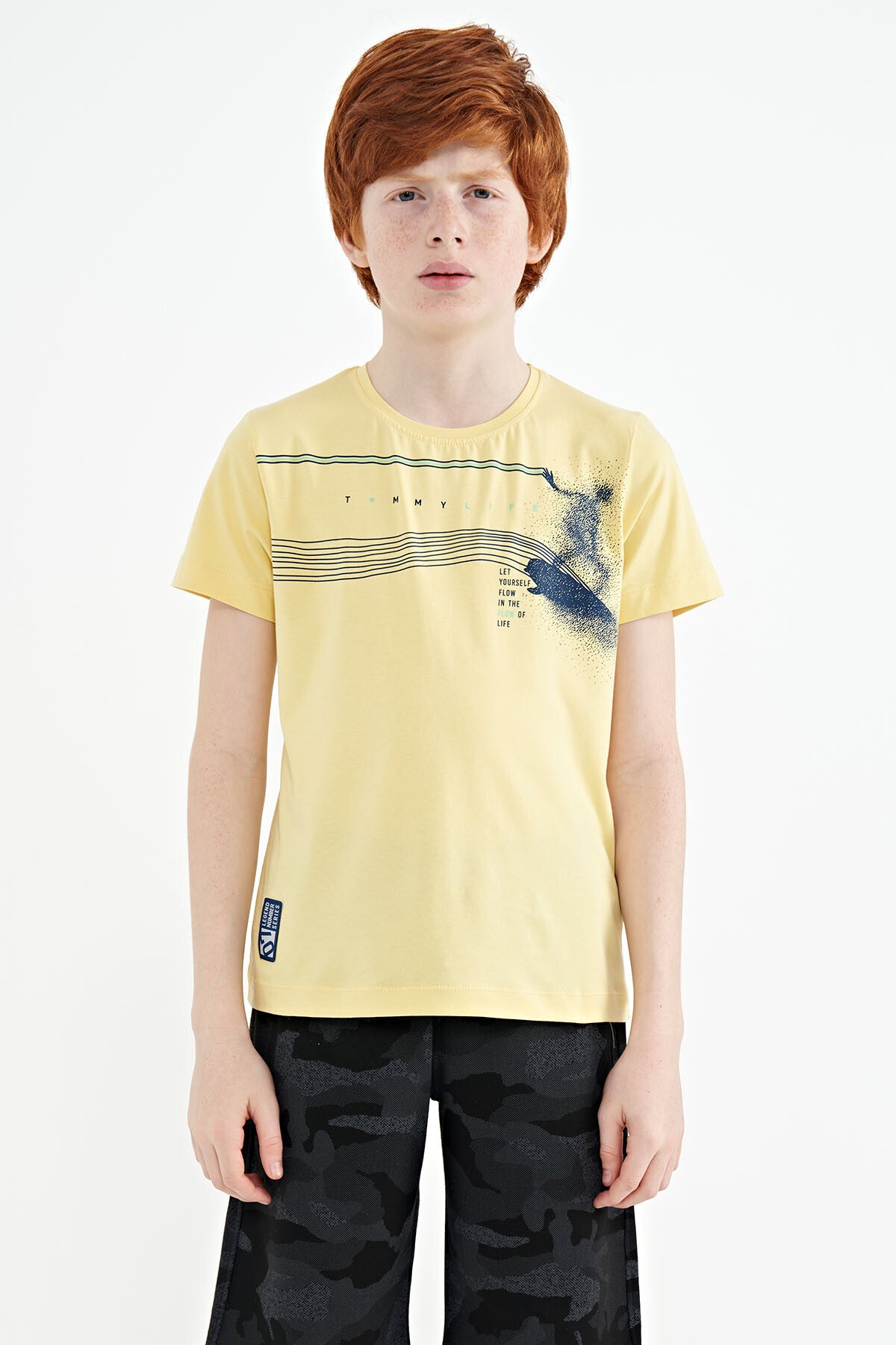 Yellow Print Detailed Standard Mold O Collar Boys T-Shirt - 11133