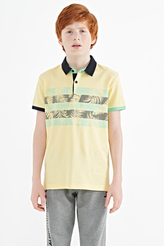 Yellow Print Detailed Standard Mold Polo Collar Boys T-Shirt - 11101