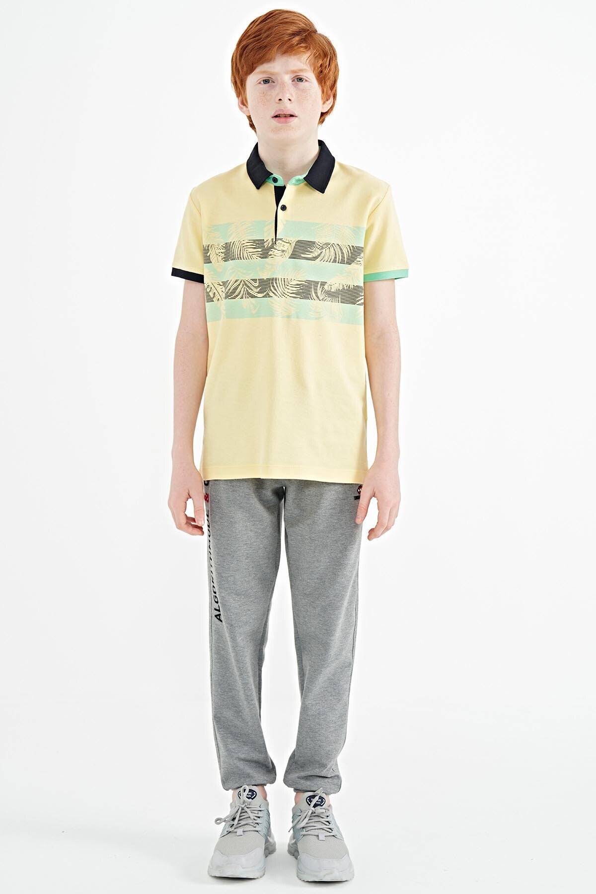 Yellow Print Detailed Standard Mold Polo Collar Boys T-Shirt - 11101