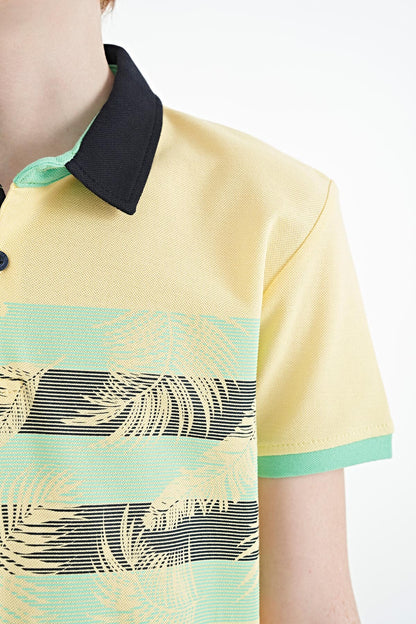 Yellow Print Detailed Standard Mold Polo Collar Boys T-Shirt - 11101