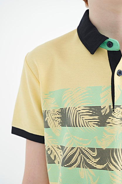Yellow Print Detailed Standard Mold Polo Collar Boys T-Shirt - 11101