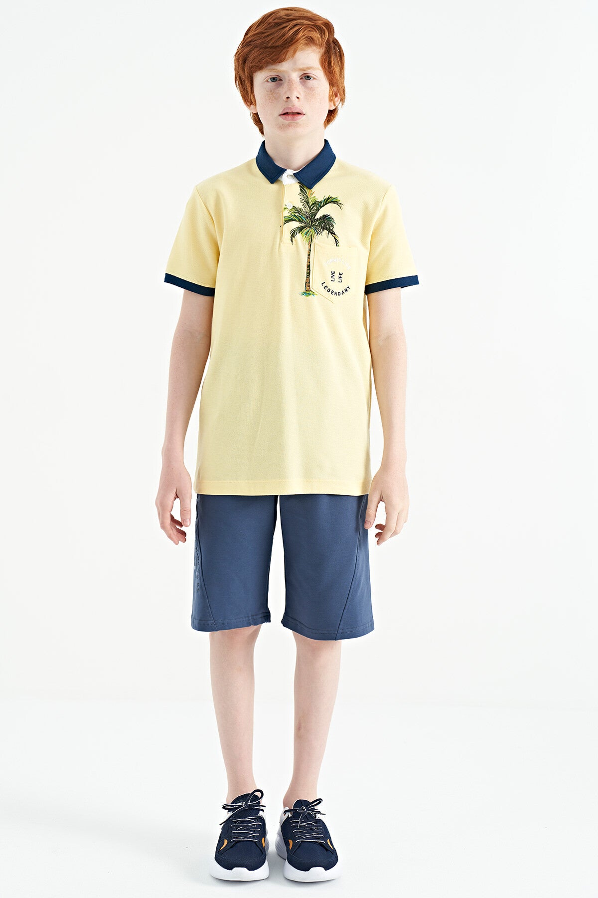 Yellow Printed Pocket Detailed Standard Fit Polo Collar Boys T-Shirt - 11144
