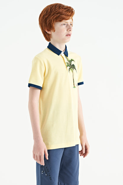 Yellow Printed Pocket Detailed Standard Fit Polo Collar Boys T-Shirt - 11144