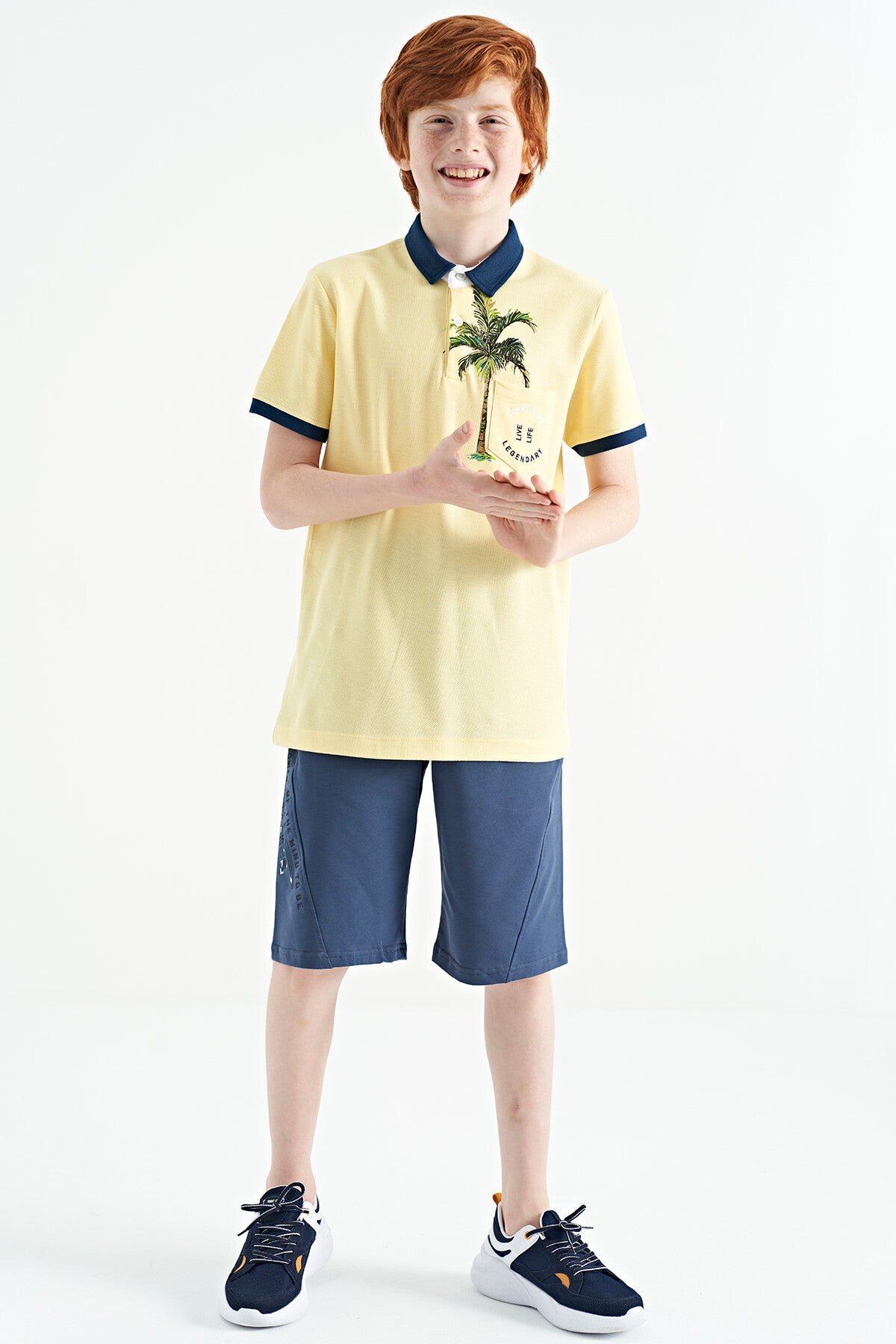 Yellow Printed Pocket Detailed Standard Fit Polo Collar Boys T-Shirt - 11144