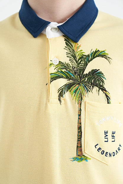 Yellow Printed Pocket Detailed Standard Fit Polo Collar Boys T-Shirt - 11144