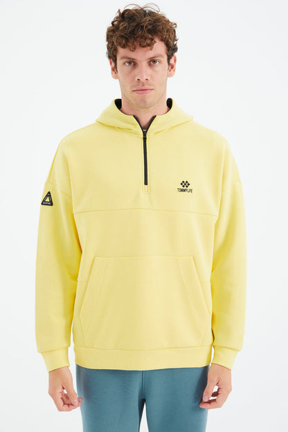 Yellow Hooded Half-Zip Pocket Detailed Relax Fit Men's Sweatshirt - 88294