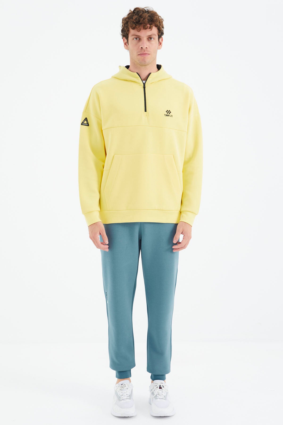 Yellow Hooded Half-Zip Pocket Detailed Relax Fit Men's Sweatshirt - 88294