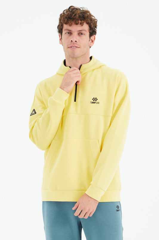 Yellow Hooded Half-Zip Pocket Detailed Relax Fit Men's Sweatshirt - 88294