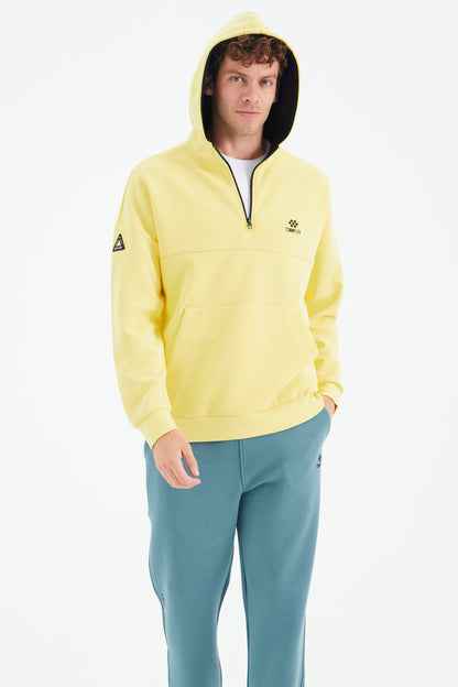 Yellow Hooded Half-Zip Pocket Detailed Relax Fit Men's Sweatshirt - 88294