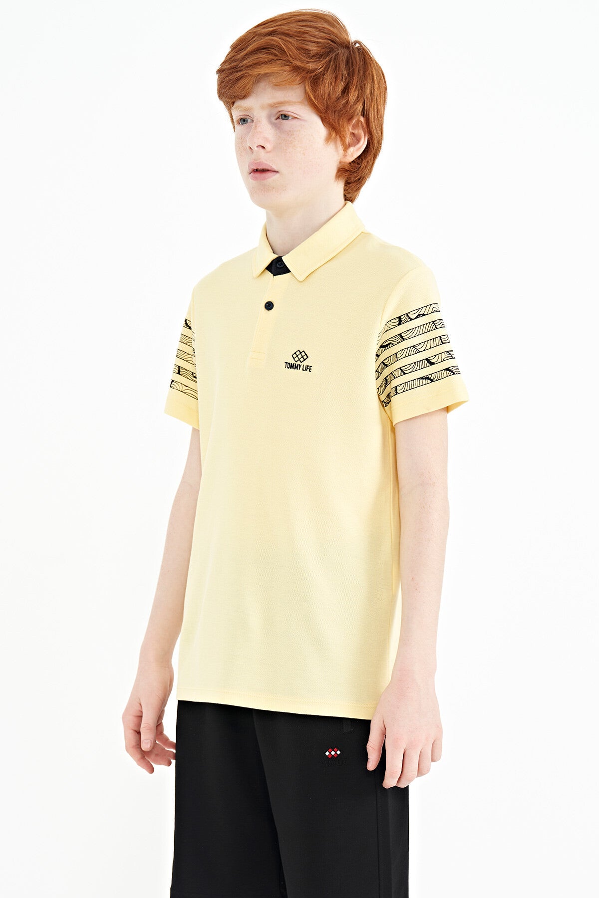 Standard Mold Polo Collar Detailed Sleeve Print Boys' T-Shirt - 11093