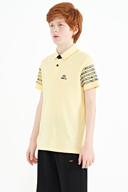 Standard Mold Polo Collar Detailed Sleeve Print Boys' T-Shirt - 11093