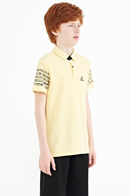 Standard Mold Polo Collar Detailed Sleeve Print Boys' T-Shirt - 11093