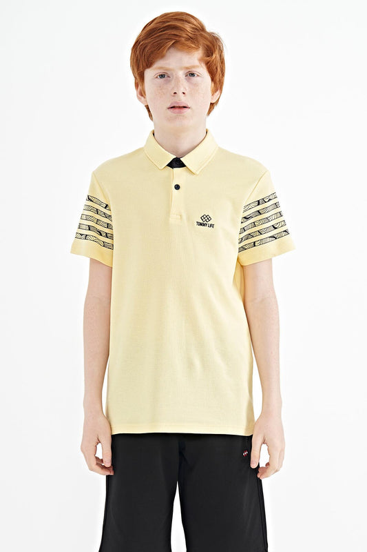 Standard Mold Polo Collar Detailed Sleeve Print Boys' T-Shirt - 11093