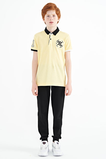 Yellow Arm Chest Embroidery Detailed Standard Pattern Polo Collar Boys T-Shirt - 11086