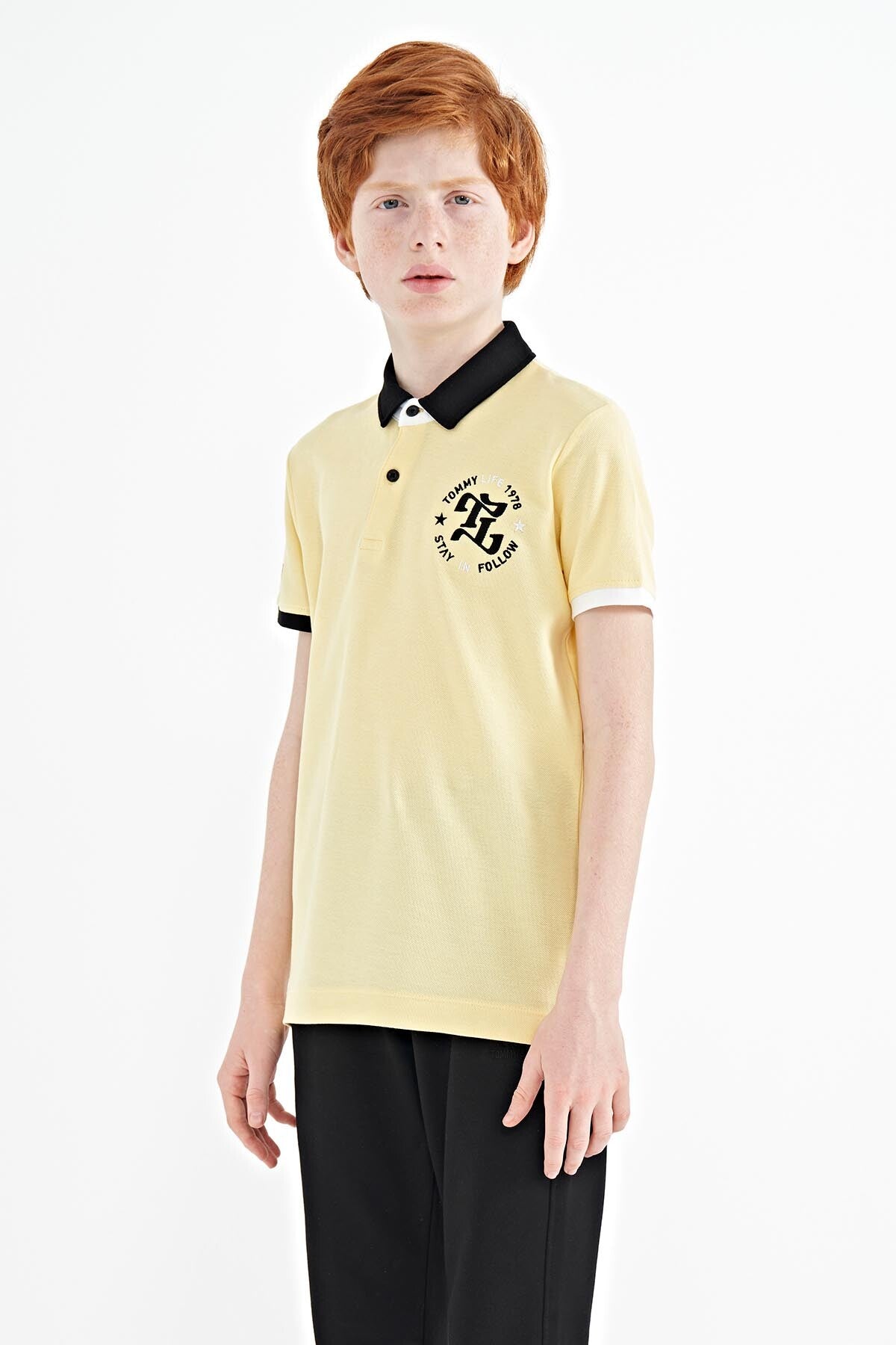 Yellow Arm Chest Embroidery Detailed Standard Pattern Polo Collar Boys T-Shirt - 11086