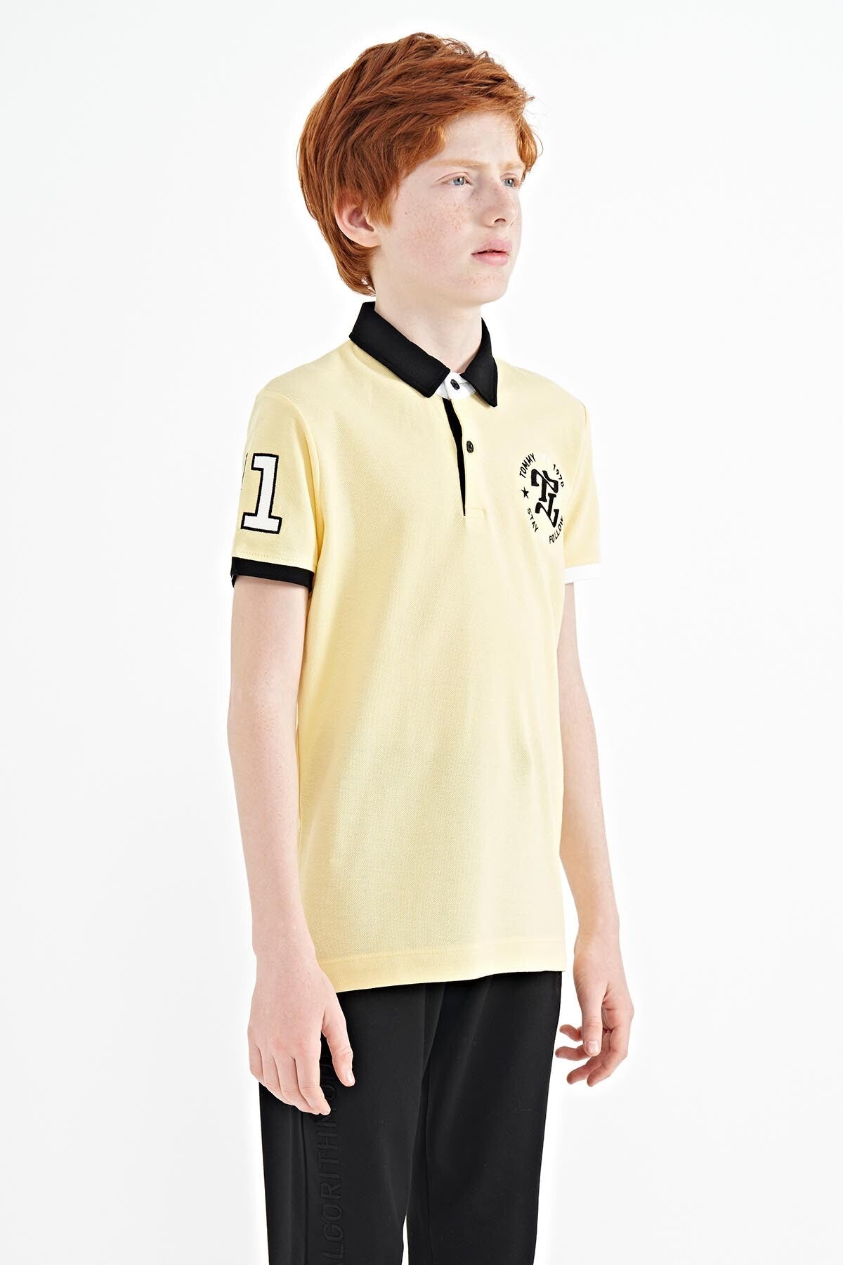 Yellow Arm Chest Embroidery Detailed Standard Pattern Polo Collar Boys T-Shirt - 11086