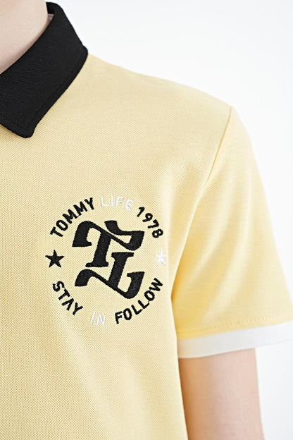Yellow Arm Chest Embroidery Detailed Standard Pattern Polo Collar Boys T-Shirt - 11086