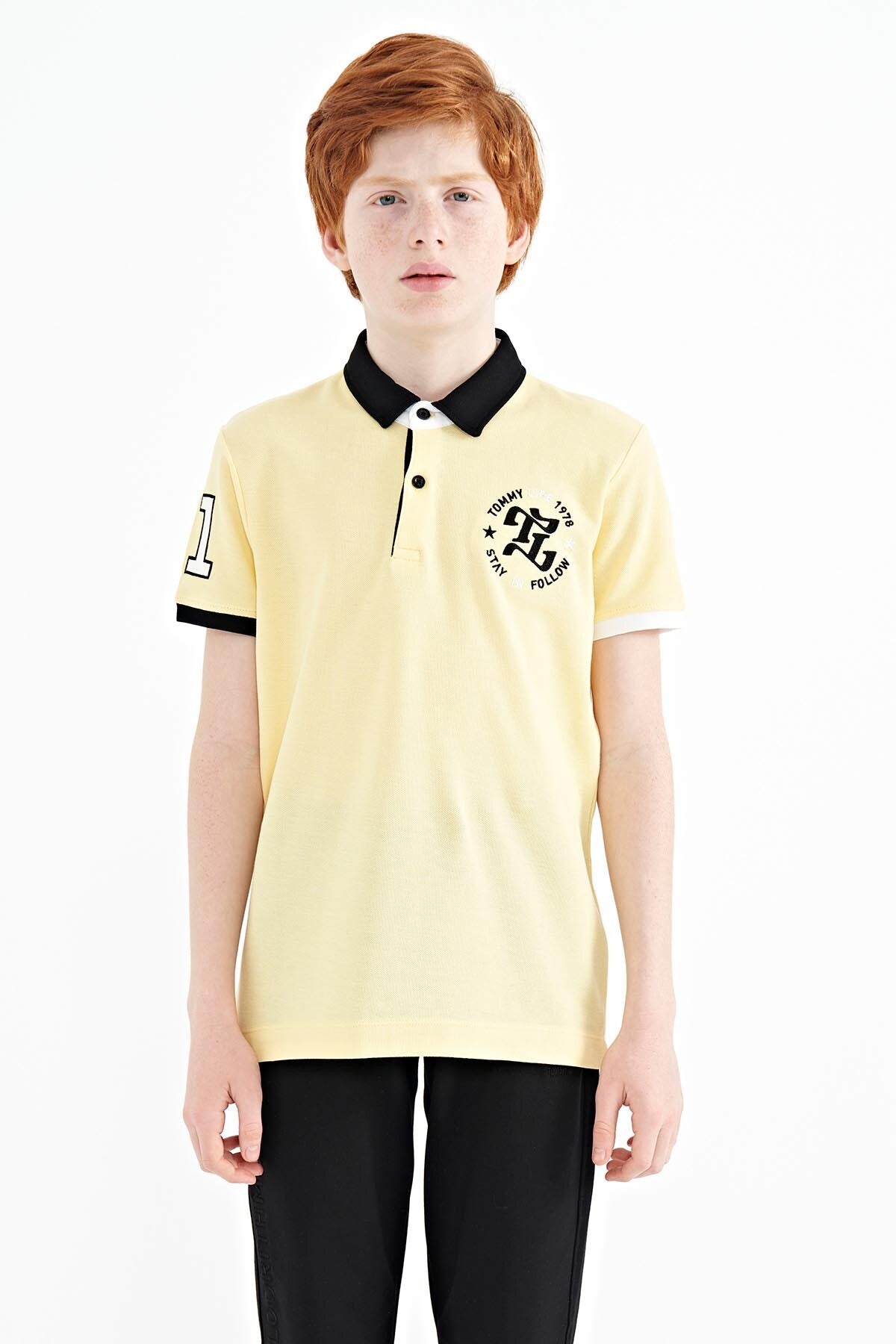 Yellow Arm Chest Embroidery Detailed Standard Pattern Polo Collar Boys T-Shirt - 11086