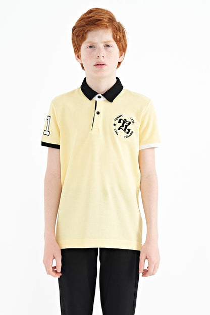 Yellow Arm Chest Embroidery Detailed Standard Pattern Polo Collar Boys T-Shirt - 11086