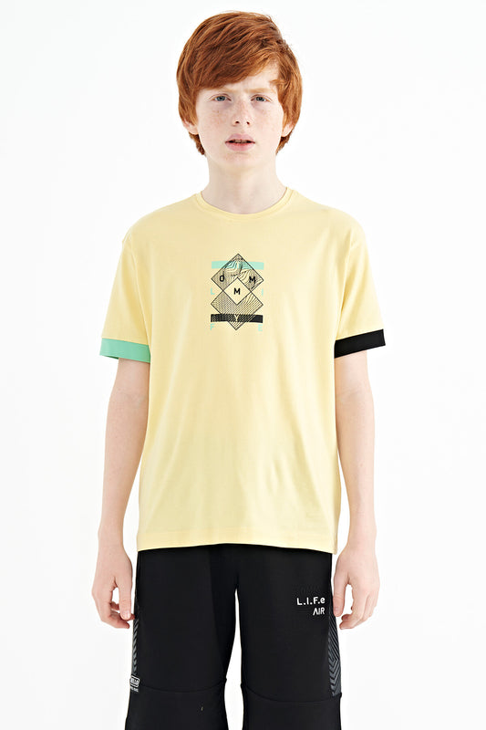 Colored Sleeve Cuff Detailed Printed Oversize Boys T-Shirt - 11137