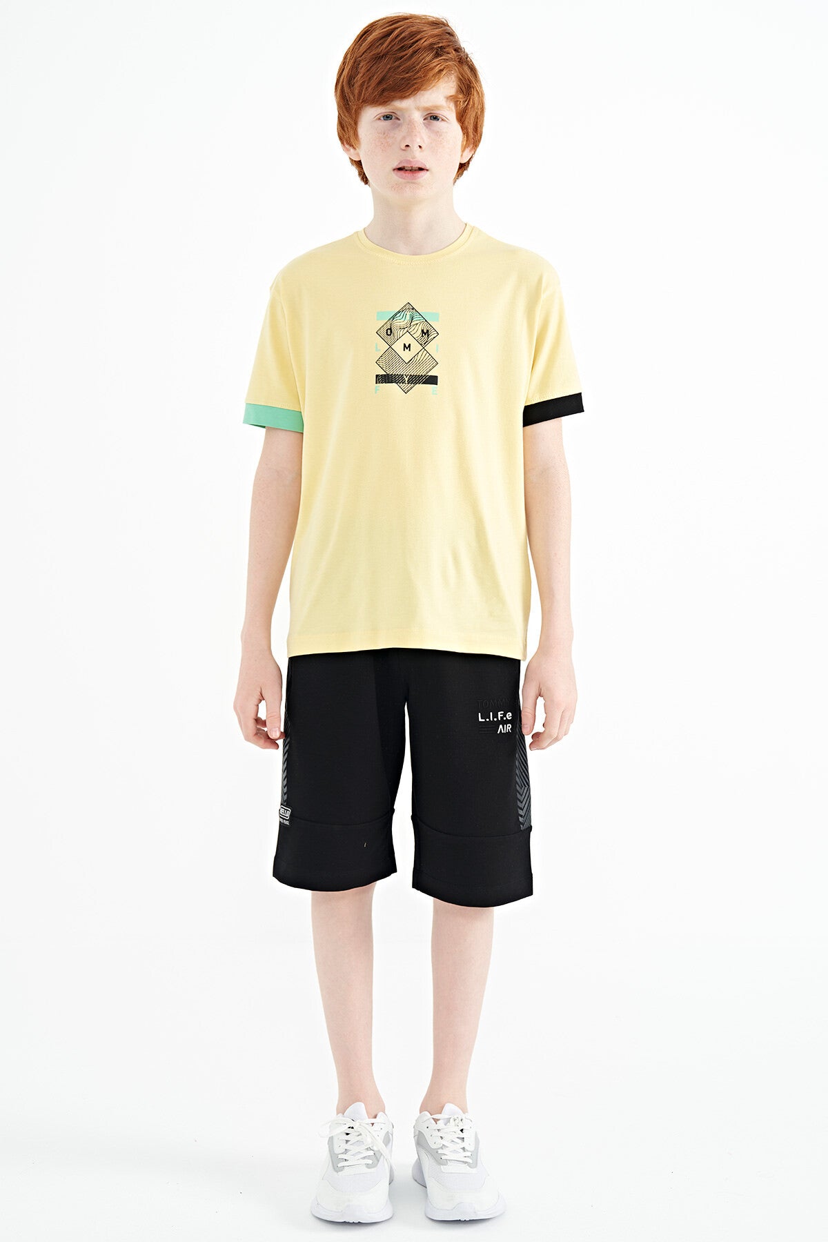 Colored Sleeve Cuff Detailed Printed Oversize Boys T-Shirt - 11137
