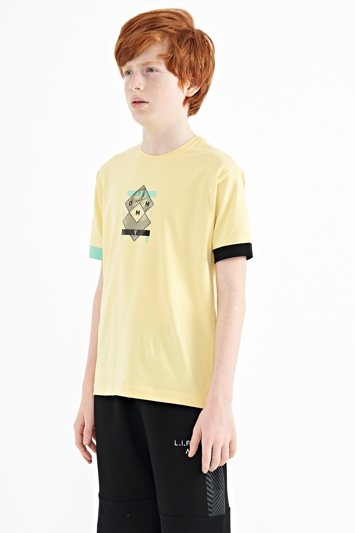 Colored Sleeve Cuff Detailed Printed Oversize Boys T-Shirt - 11137