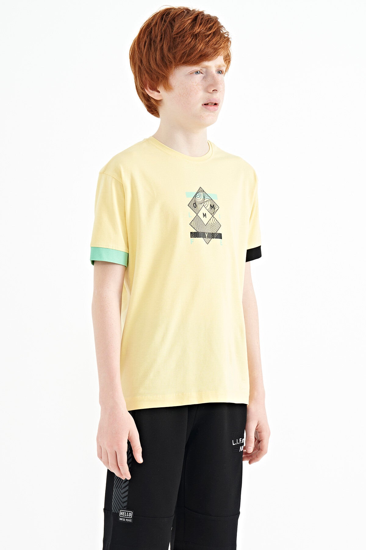 Colored Sleeve Cuff Detailed Printed Oversize Boys T-Shirt - 11137