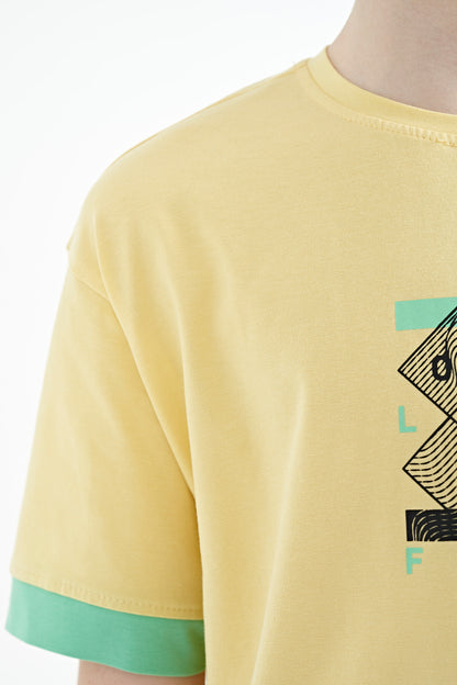 Colored Sleeve Cuff Detailed Printed Oversize Boys T-Shirt - 11137