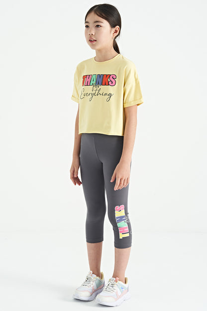 Yellow - Dark Gray Print Oversize Girls' Crop Tights Set - 75133