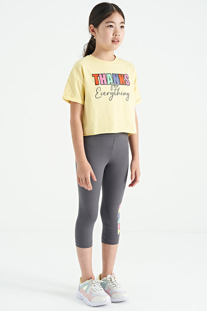 Yellow - Dark Gray Print Oversize Girls' Crop Tights Set - 75133