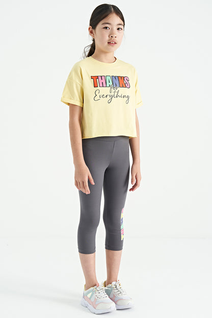 Yellow - Dark Gray Print Oversize Girls' Crop Tights Set - 75133