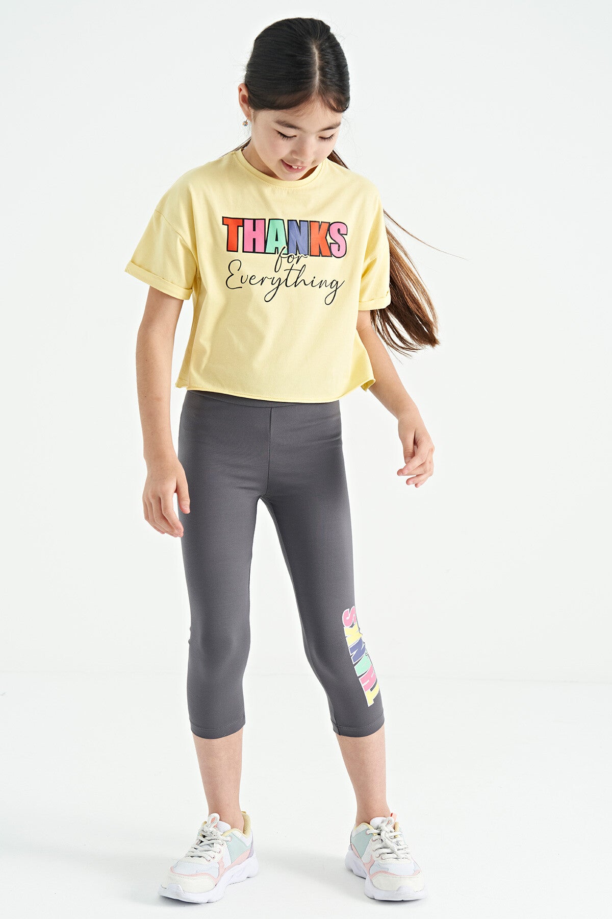 Yellow - Dark Gray Print Oversize Girls' Crop Tights Set - 75133