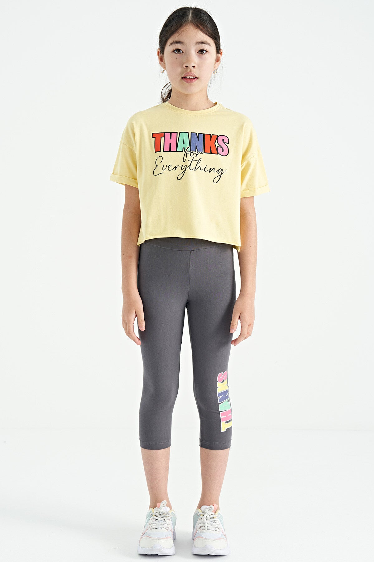 Yellow - Dark Gray Print Oversize Girls' Crop Tights Set - 75133