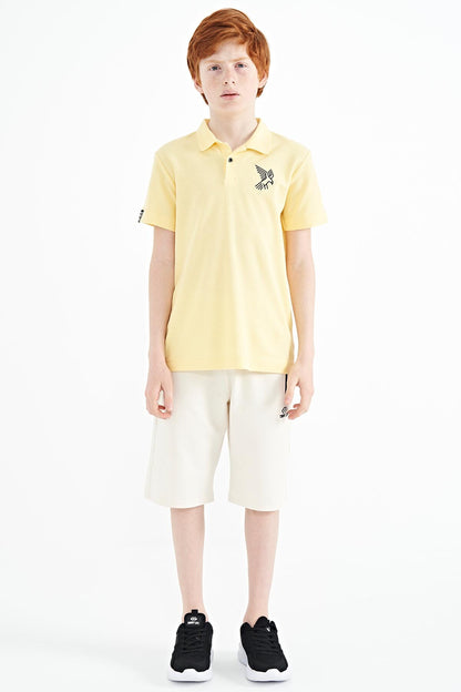 Yellow Minimal Embroidery Detailed Standard Pattern Polo Collar Boys T-Shirt - 11084