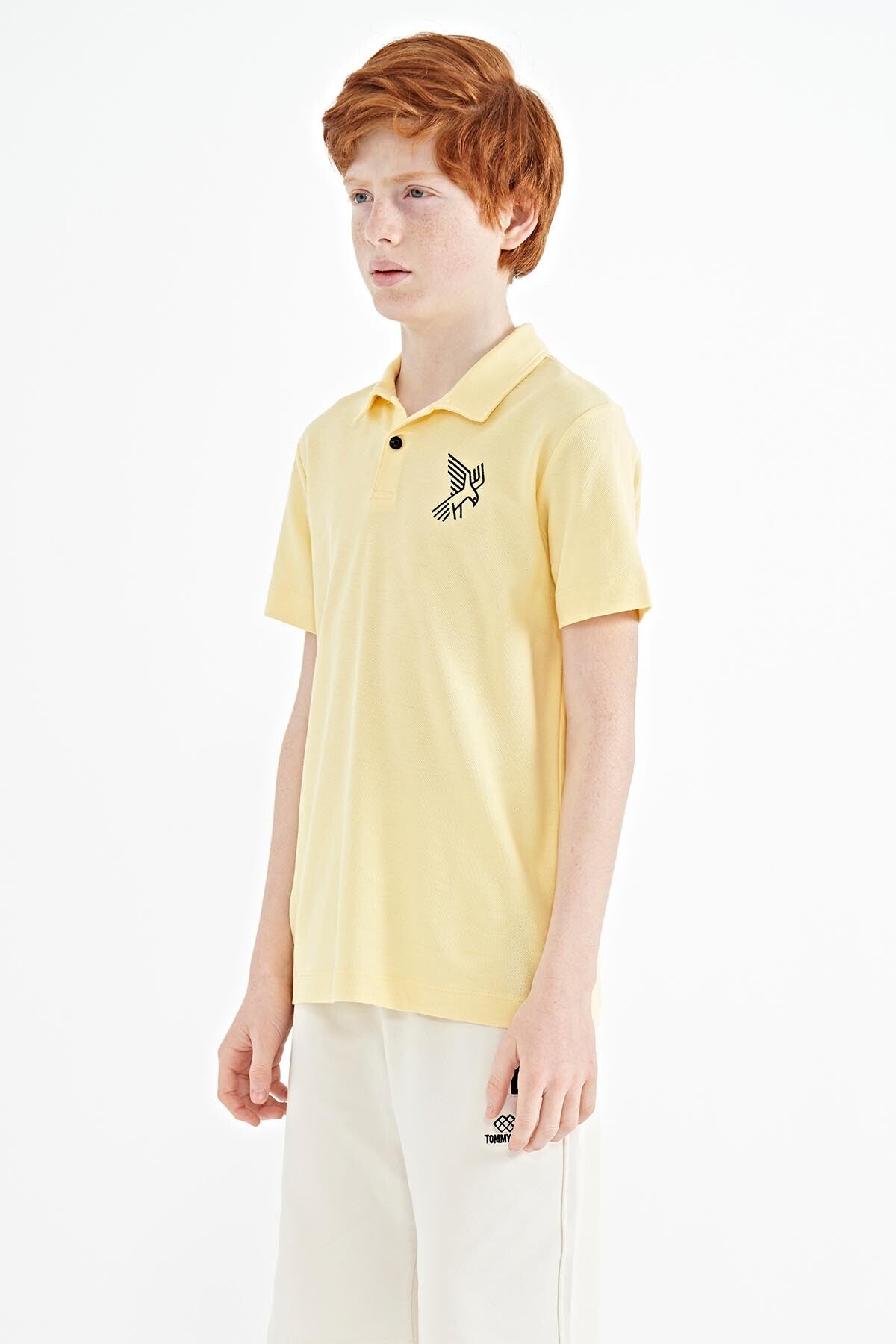 Yellow Minimal Embroidery Detailed Standard Pattern Polo Collar Boys T-Shirt - 11084