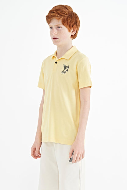 Yellow Minimal Embroidery Detailed Standard Pattern Polo Collar Boys T-Shirt - 11084