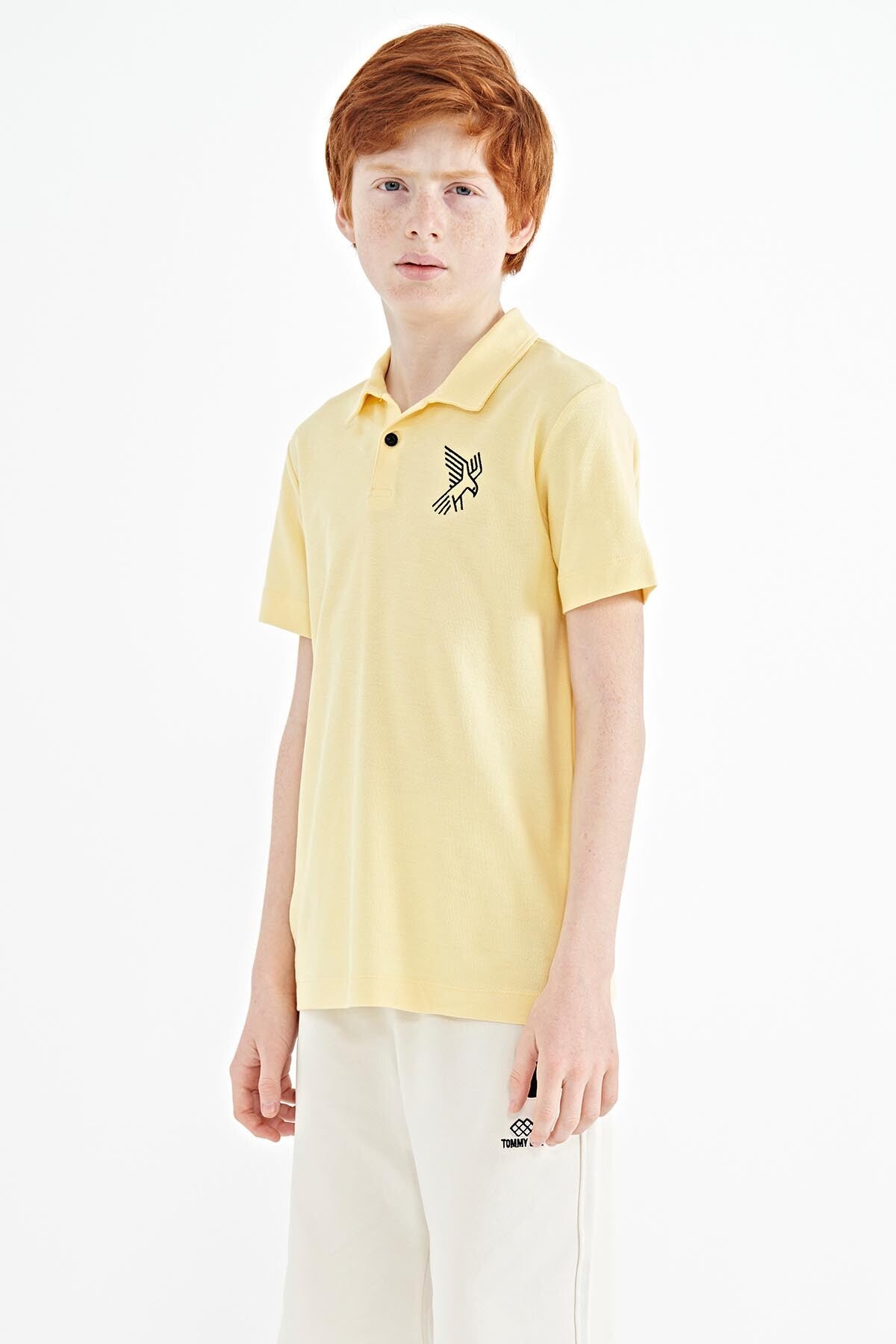 Yellow Minimal Embroidery Detailed Standard Pattern Polo Collar Boys T-Shirt - 11084