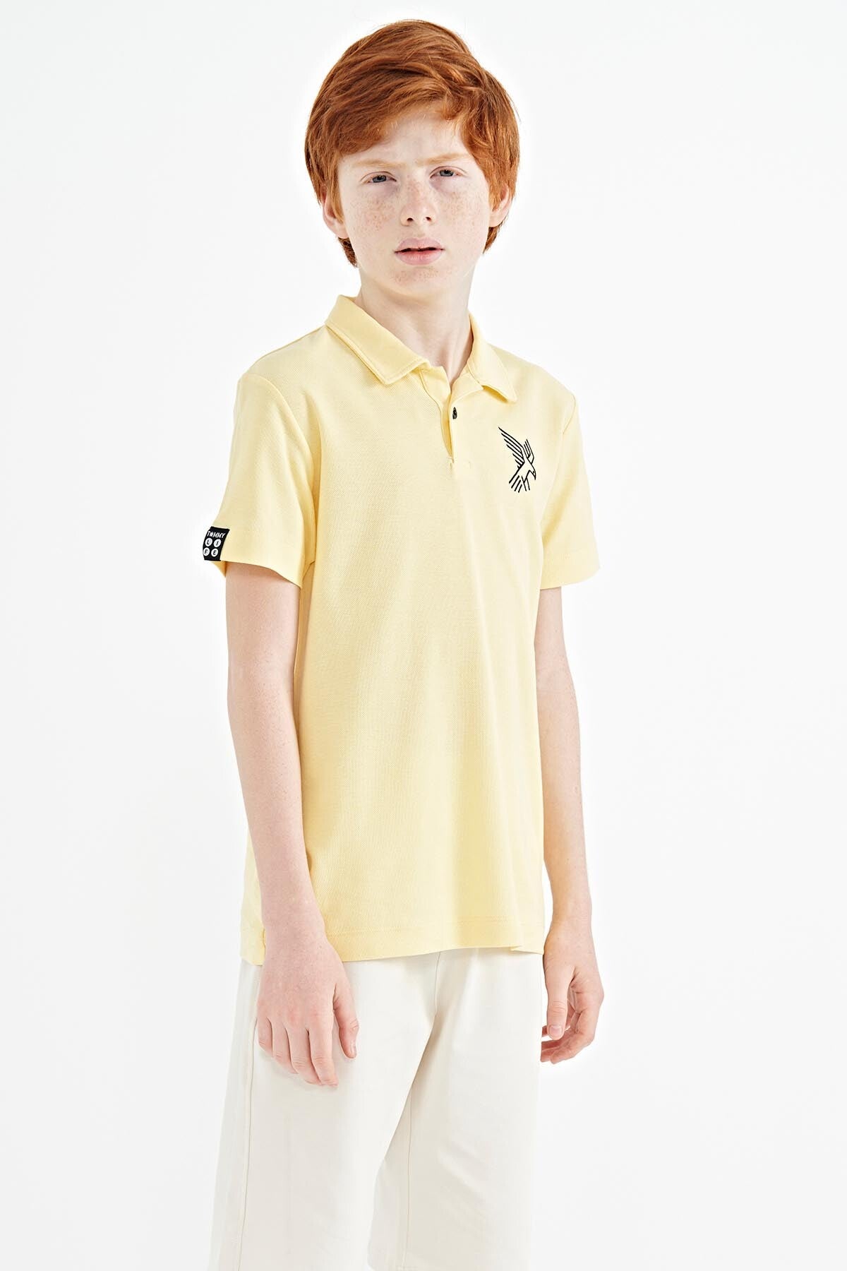 Yellow Minimal Embroidery Detailed Standard Pattern Polo Collar Boys T-Shirt - 11084