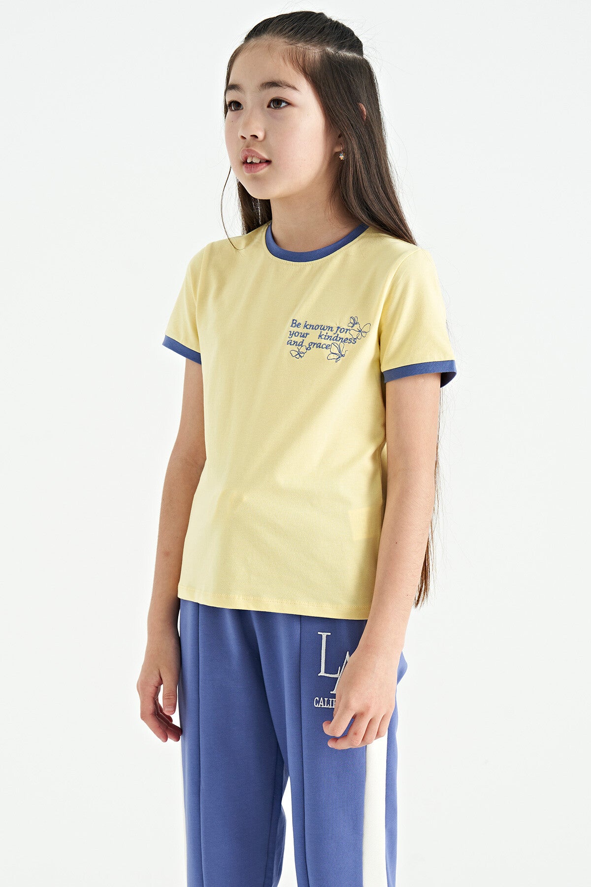Yellow Minimal Print O Neck Comfort Fit Short Sleeve Girl's T-Shirt - 75110