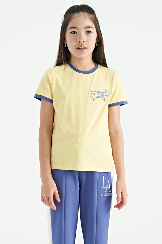 Yellow Minimal Print O Neck Comfort Fit Short Sleeve Girl's T-Shirt - 75110