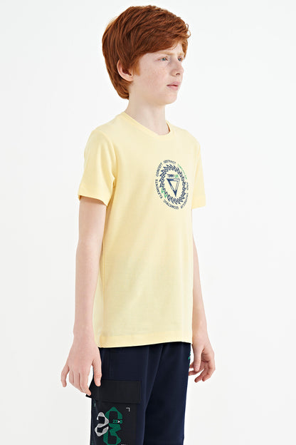 Embroidered Yellow Detailed O Collar Standard Cut Boys T-Shirt - 11115