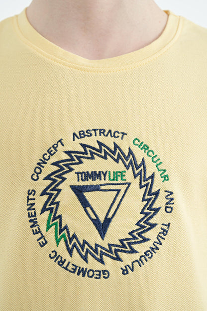 Embroidered Yellow Detailed O Collar Standard Cut Boys T-Shirt - 11115
