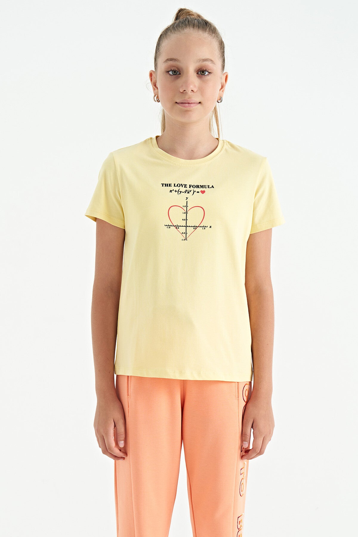 Yellow O Collar Print Detailed Relax Fit Girls' T-Shirt - 75129